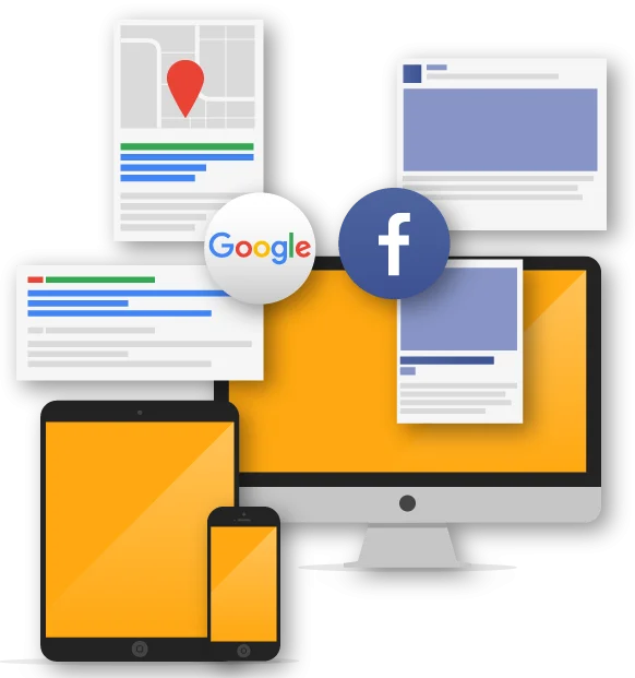 Annunci Google e Facebook su computer, tablet e smartphone