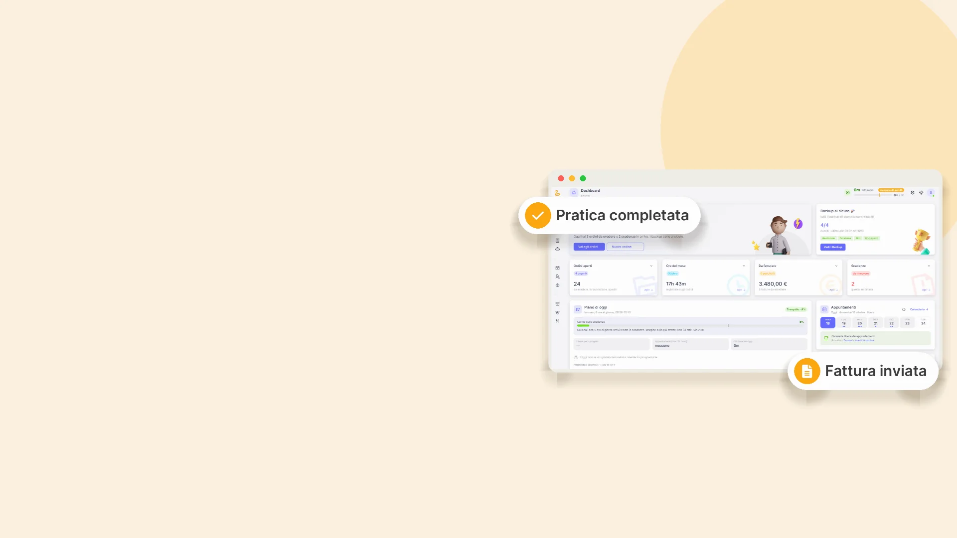 La dashboard di un gestionale Swanet con ordini, fatture e scadenze (dati di esempio)