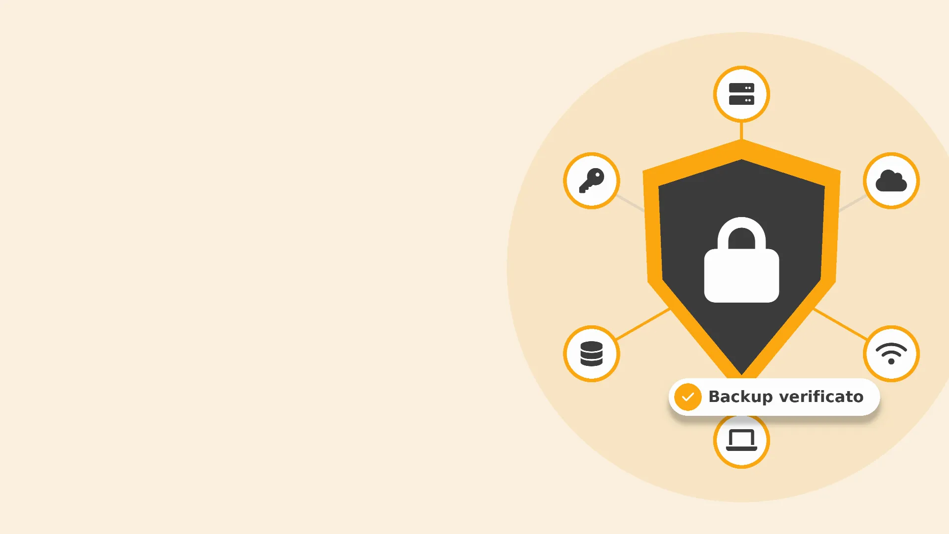 Illustrazione di uno scudo con lucchetto collegato a server, cloud, rete, computer e database