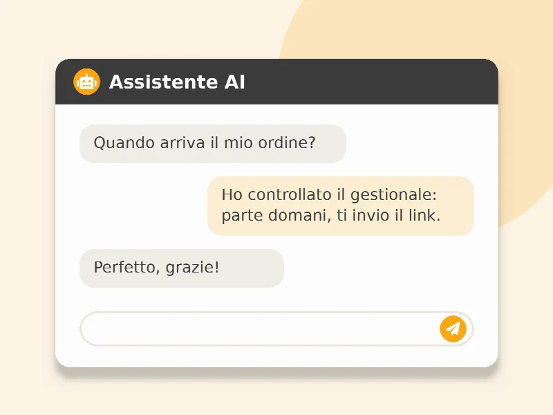 Illustrazione di un assistente AI che risponde a un cliente usando i dati del gestionale