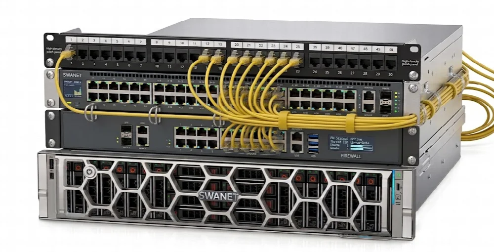 Server, switch e firewall Swanet montati a rack, con i cavi di rete collegati